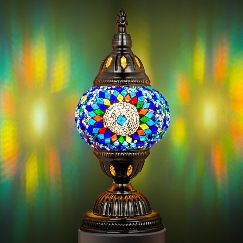Marrakech Turkish Table Lamp with Bronze Baseï¼ŒHandmade Blue Moroccan Tiffany Style Mosaic Glass Night Stand Light Fixture Including LED Bulb for Living Room Bedroom Decor (Blue) - Image 1