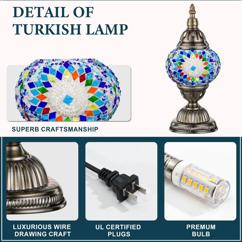 Marrakech Turkish Table Lamp with Bronze Baseï¼ŒHandmade Blue Moroccan Tiffany Style Mosaic Glass Night Stand Light Fixture Including LED Bulb for Living Room Bedroom Decor (Blue) - Image 4