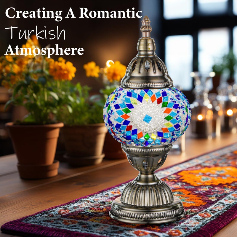 Marrakech Turkish Table Lamp with Bronze Baseï¼ŒHandmade Blue Moroccan Tiffany Style Mosaic Glass Night Stand Light Fixture Including LED Bulb for Living Room Bedroom Decor (Blue) - Image 2