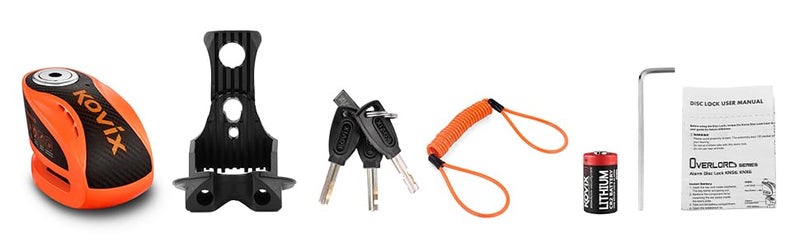 Kovix قفل قرص مكابح كوفكس KNX6 الفولاذي 120 ديسيبل مع جرس إنذار ومفتاح قفل 6 مم مقاوم للماء IP67 بلون برتقالي فوسفوري - Image 5