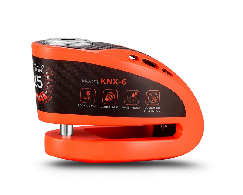 Kovix قفل قرص مكابح كوفكس KNX6 الفولاذي 120 ديسيبل مع جرس إنذار ومفتاح قفل 6 مم مقاوم للماء IP67 بلون برتقالي فوسفوري - Image 2