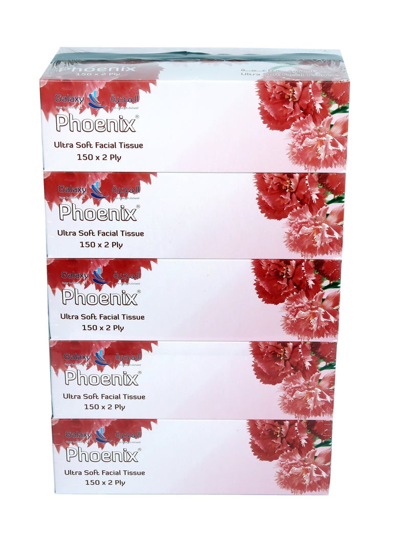 Galaxy مناديل وجه جالاكسي فينيكس 2 طبقة × 5 علب مناديل ناعمة 150 ورقة | فائقة النعومة، مضادة للحساسية، 21x22 سم | قوية، لطيفة، خالية من العطور، مثالية للمنزل، المكتب والسفر - Image 1
