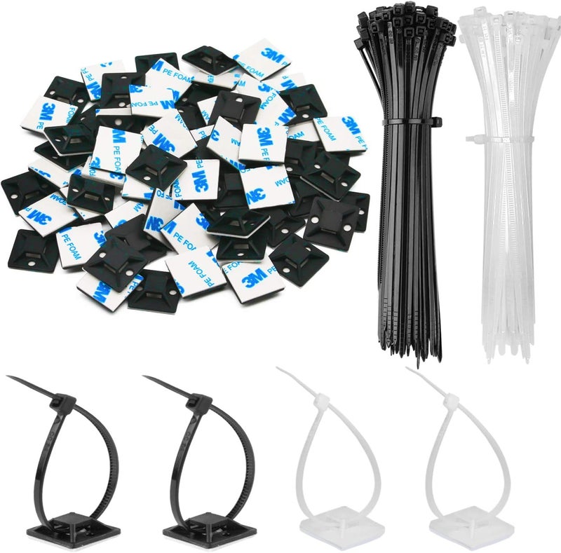 Rythcraft 30 Pack 2 inch Zip Tie Adhesive Mounts Self Adhesive Cable Tie Base Holders with Multi-Purpose Tie wire clips with screw hole,Anchor stick on wire holder with 8 inch zip ties （Black&White） - Image 1