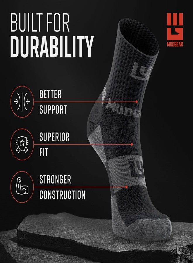 MudGear Crew Length Trail Running Socks, Quick-Drying Mid-Calf Socks with Arch Support, Sweat-Resistant, Breathable Athletic Socks for Running, Hiking, Cycling, and Outdoor Adventures, Large, Black/Gray - Image 3