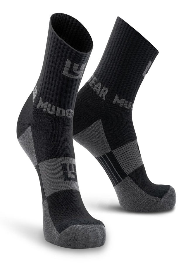 MudGear Crew Length Trail Running Socks, Quick-Drying Mid-Calf Socks with Arch Support, Sweat-Resistant, Breathable Athletic Socks for Running, Hiking, Cycling, and Outdoor Adventures, Large, Black/Gray - Image 1