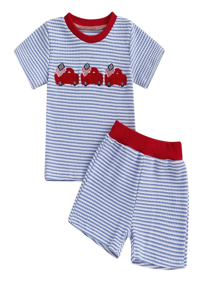 Mobbdow Toddler Baby Boy 4th of July Outfit Truck Flag Embroidery Stripe Waffle Knit Short Sleeve T Shirt and Shorts Set (Blue, 3-6 Months) - Image 1