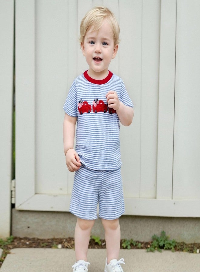 Mobbdow Toddler Baby Boy 4th of July Outfit Truck Flag Embroidery Stripe Waffle Knit Short Sleeve T Shirt and Shorts Set (Blue, 3-6 Months) - Image 3