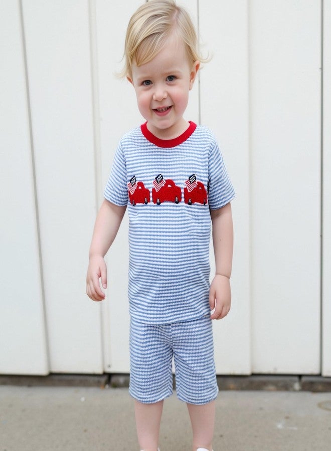 Mobbdow Toddler Baby Boy 4th of July Outfit Truck Flag Embroidery Stripe Waffle Knit Short Sleeve T Shirt and Shorts Set (Blue, 3-6 Months) - Image 2