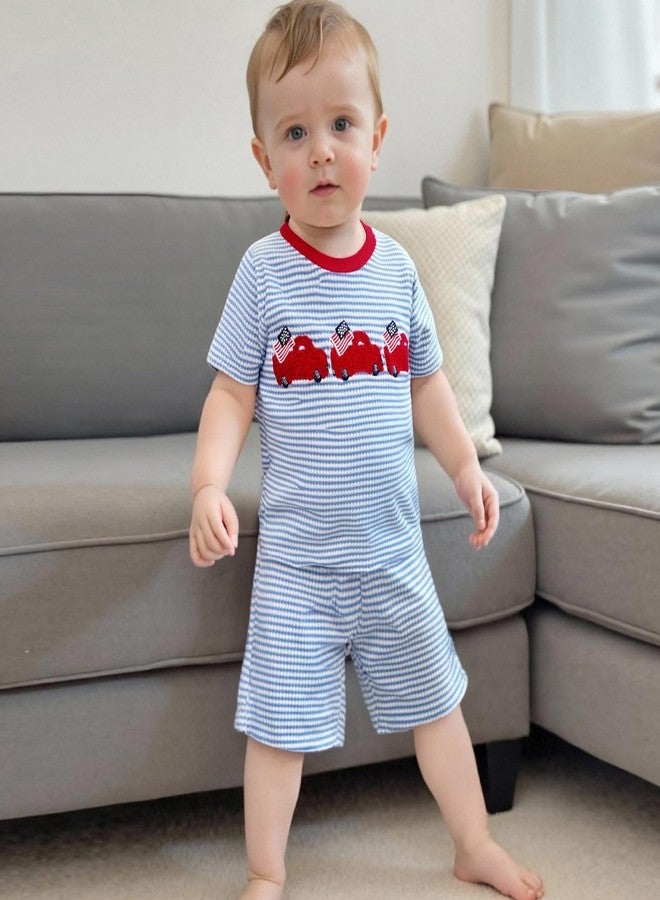 Mobbdow Toddler Baby Boy 4th of July Outfit Truck Flag Embroidery Stripe Waffle Knit Short Sleeve T Shirt and Shorts Set (Blue, 3-6 Months) - Image 4