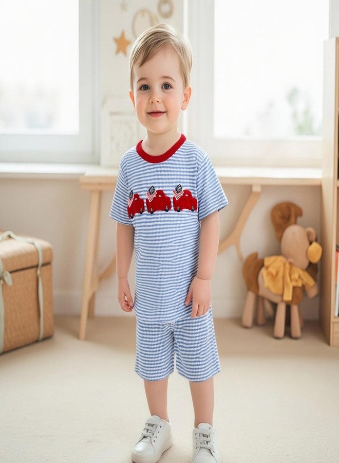 Mobbdow Toddler Baby Boy 4th of July Outfit Truck Flag Embroidery Stripe Waffle Knit Short Sleeve T Shirt and Shorts Set (Blue, 3-6 Months) - Image 5