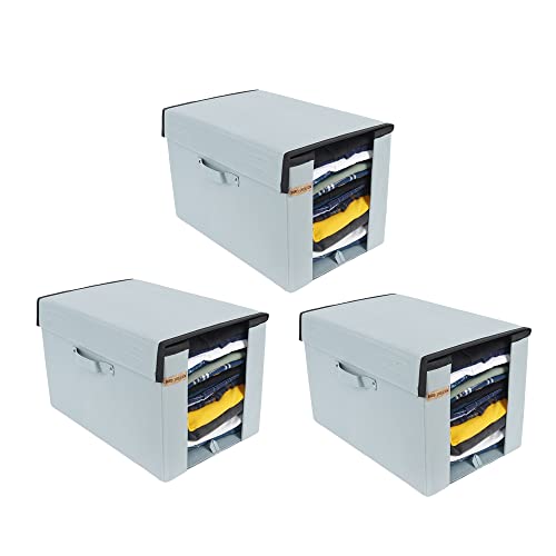SHREY CREATION Foldable Stackable Shirt Stacker Organizer for Wardrobe | Non-Woven Cloth Storage Box with Lid & Handle for Shirts, T-Shirts & Clothes | Grey | Pack of 3 | 40x25x25 cm - Image 1