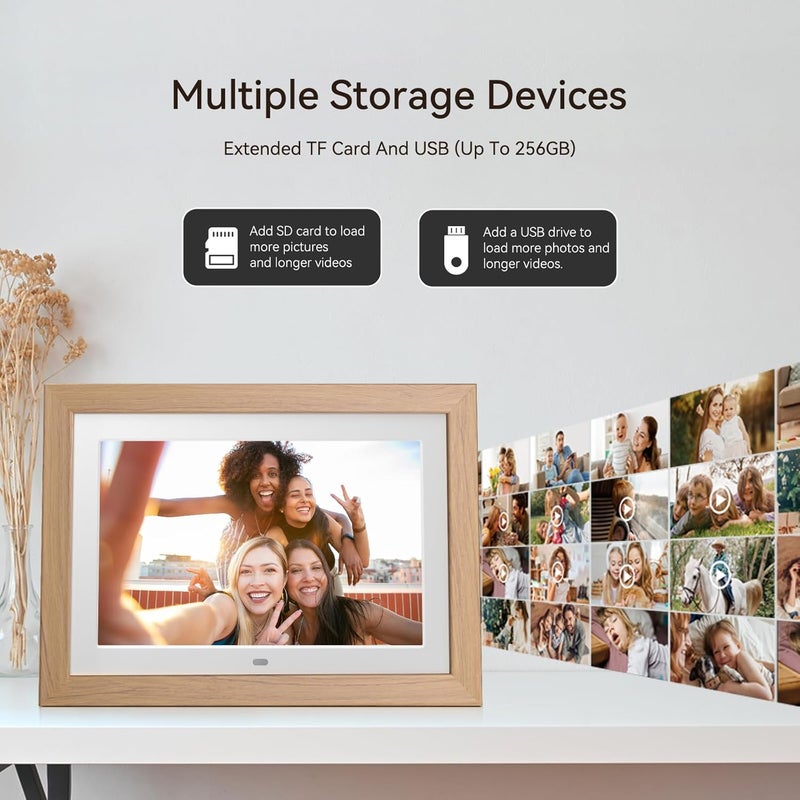 إطار صور رقمي بحجم 10.1 بوصة، شاشة IPS فائقة الوضوح بدقة 1280*800، فتحة بطاقة SD، إطار خشبي قابل للإزالة، مشاركة الفيديو والصور والتحيات، عرض شرائح تلقائي الدوران بدون واي فاي - Image 2