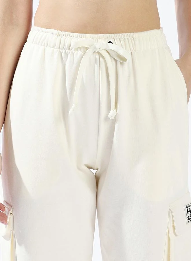 HIGH STAR Women's Off White 100% Cotton Solid Pattern Full Length Casual Jogger Track Pant