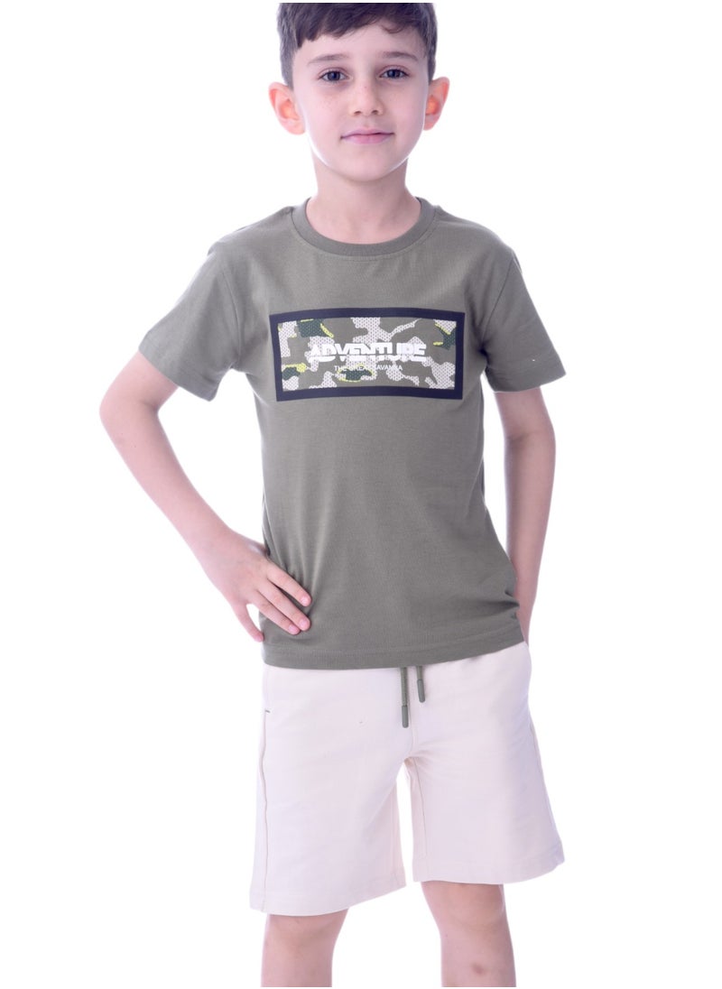 victor and jane Kids Boys 2-piece Set - T-Shirts & Shorts -Olive and Cream (100% Cotton)  - Image 1