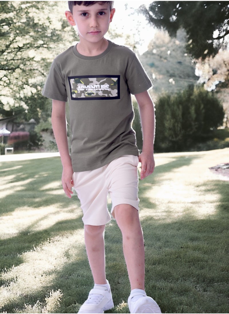 victor and jane Kids Boys 2-piece Set - T-Shirts & Shorts -Olive and Cream (100% Cotton)  - Image 2
