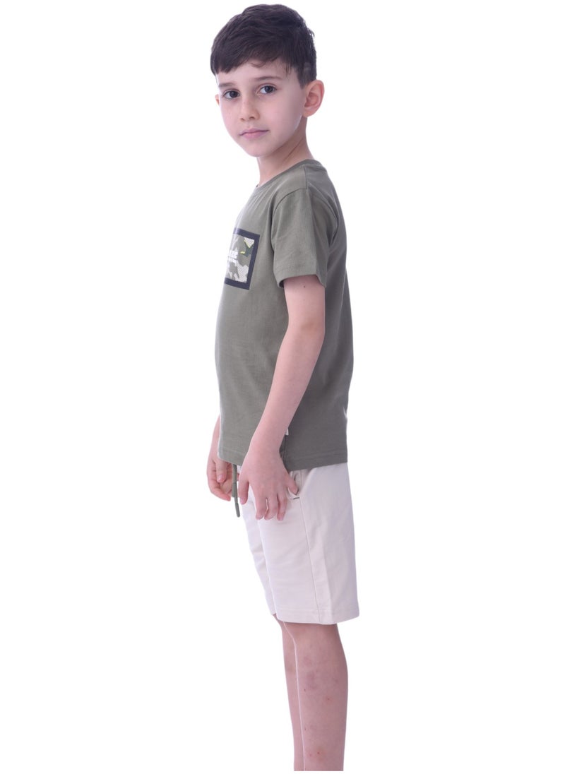 victor and jane Kids Boys 2-piece Set - T-Shirts & Shorts -Olive and Cream (100% Cotton)  - Image 4