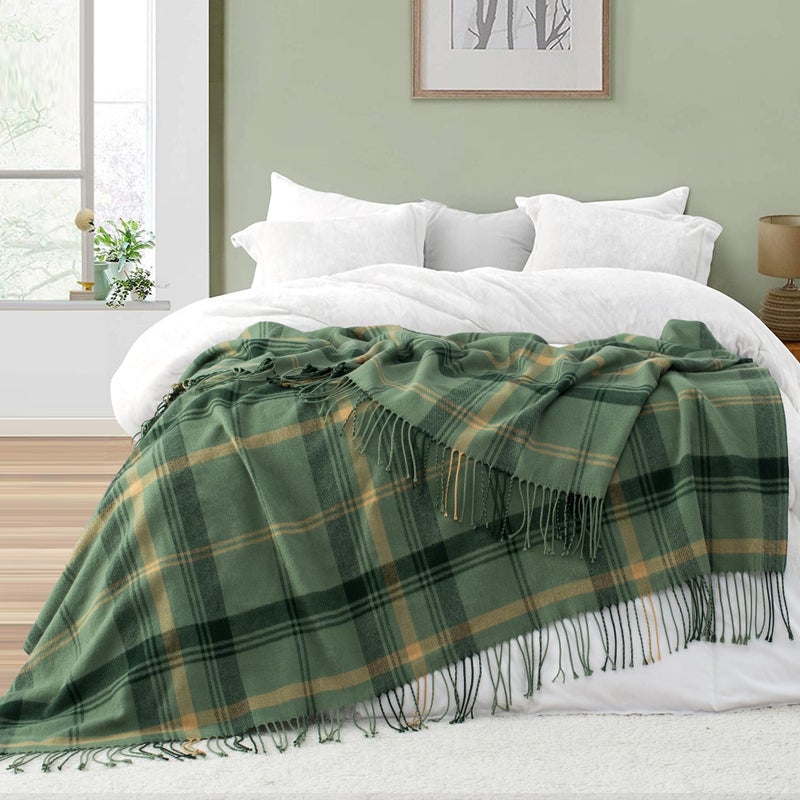 GINAMUSE Green Plaid Throw Blanket for Couch,50"X60" Super Soft Cozy Warm Home Decorative Throws with Tassels for Bed Sofa Picnic - Image 5