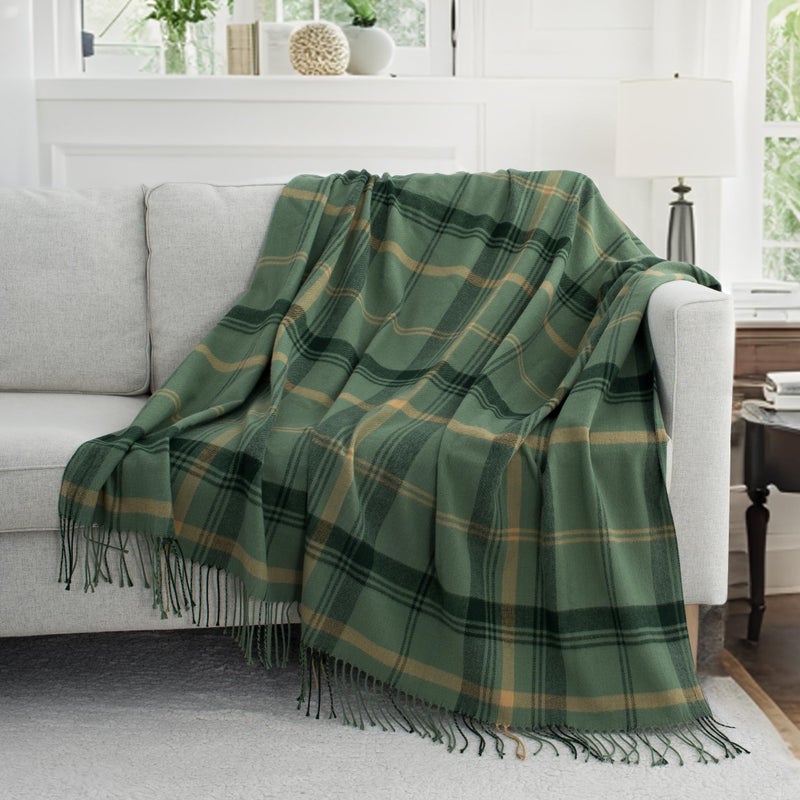 GINAMUSE Green Plaid Throw Blanket for Couch,50"X60" Super Soft Cozy Warm Home Decorative Throws with Tassels for Bed Sofa Picnic - Image 1