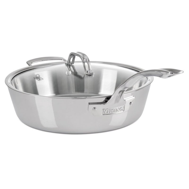 Viking Viking 3Ply Deep Frying Pan with Glass Lid 48 Quart Stainless Steel Saute Cooking Pot Dishwasher and Oven Safe Induction Ready Silver 