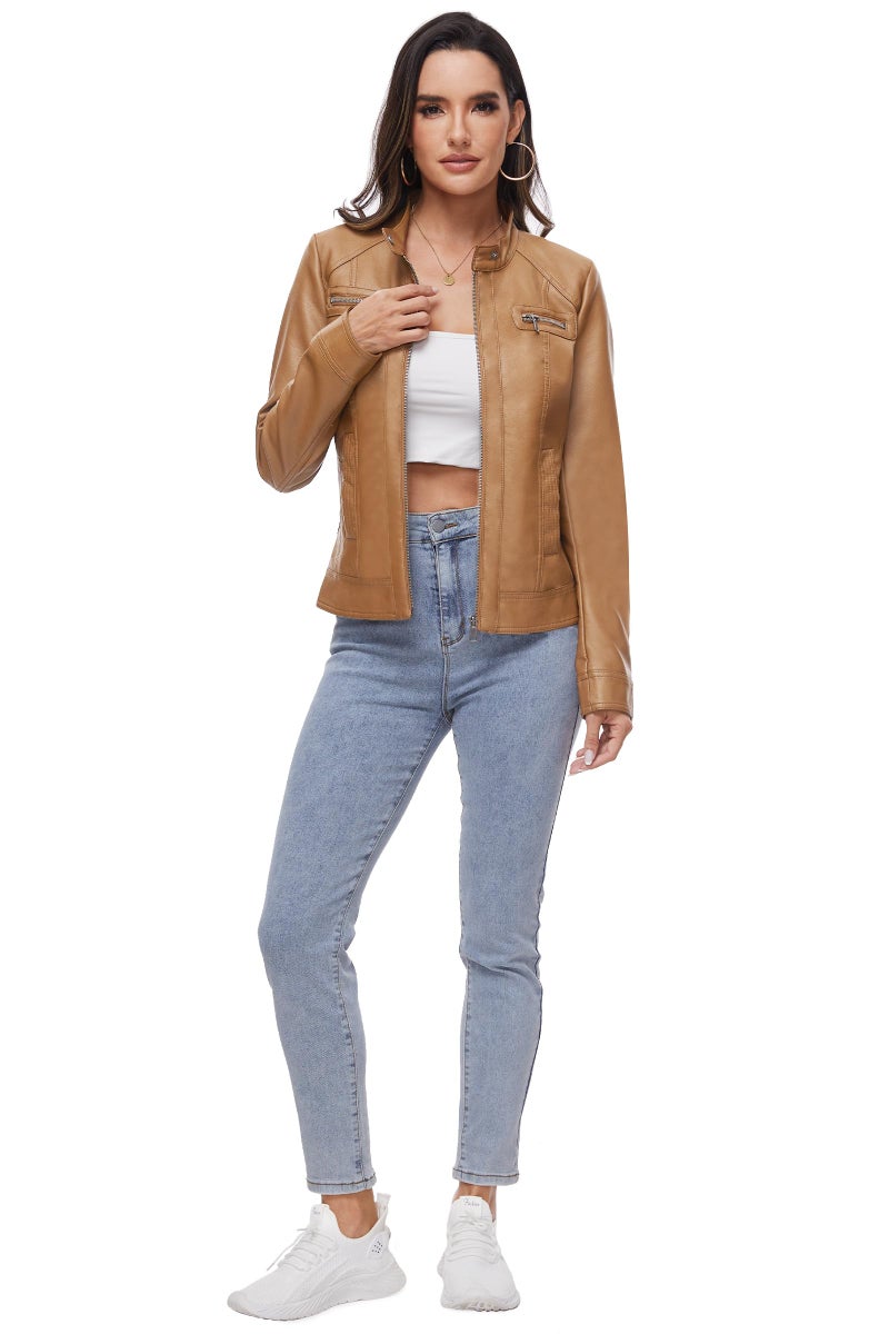 Fahsyee Women's Faux Leather Jackets, Zip Up Motorcycle Short PU Moto Biker Outwear Stand Collar Coat Size L Camel - Image 5
