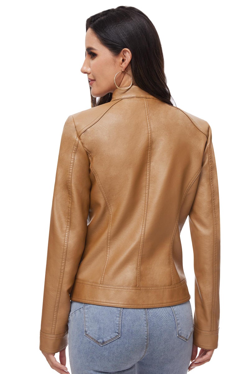 Fahsyee Women's Faux Leather Jackets, Zip Up Motorcycle Short PU Moto Biker Outwear Stand Collar Coat Size L Camel - Image 4