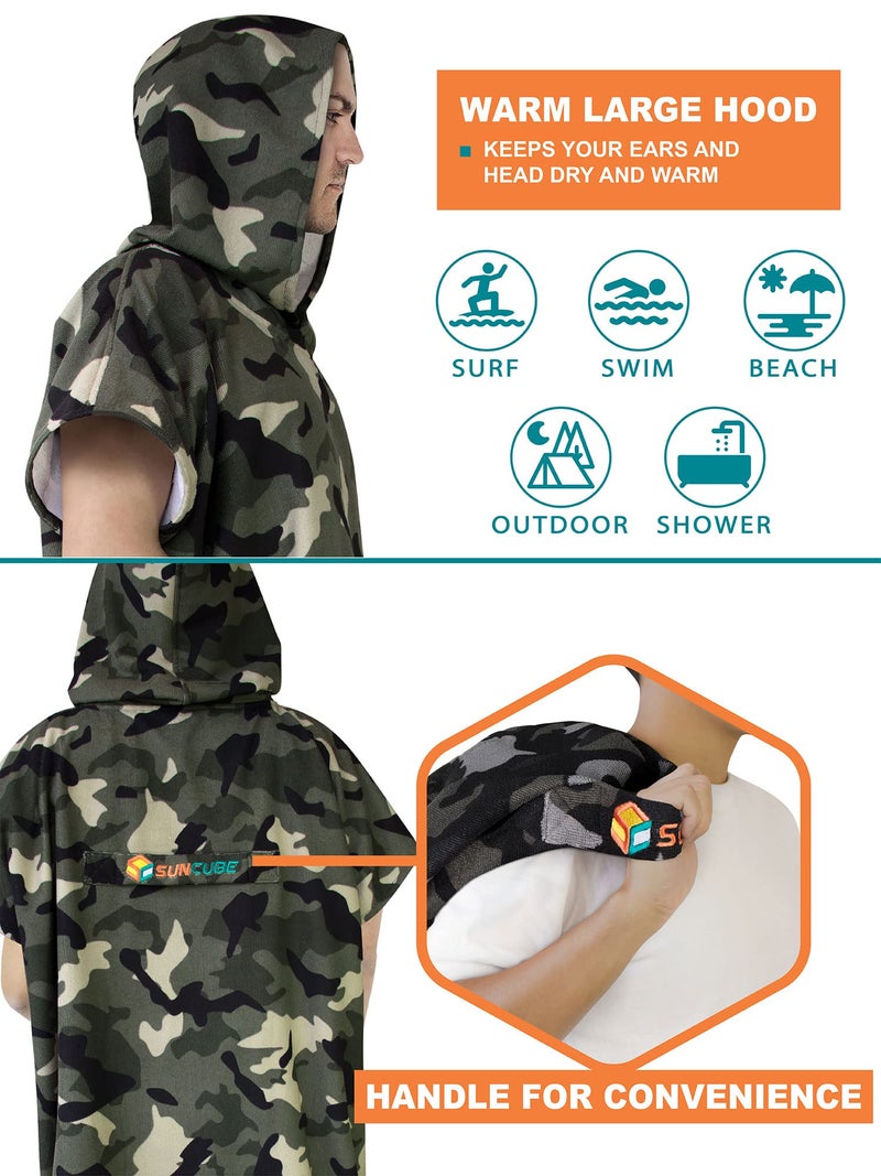 Suncube SUN CUBE SUNCUBE Surf Poncho Changing Robe with Hood, Quick Dry Microfiber Wetsuit Changing Towel for Surfing Beach Swim Outdoor Sports Men, Absorbent Wearable Towel Cover Up with Pocket, Camo Green - Image 4