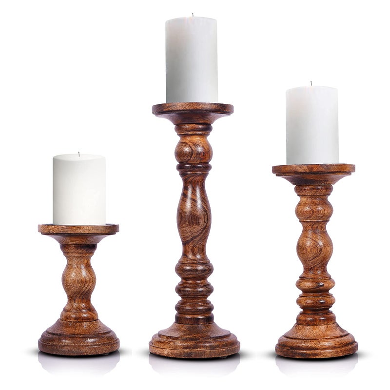 Large Candle Holders for Pillar Candles  Rustic Farmhouse Style Home Decor  Perfect for Table Centerpieces Coffee Table or Fireplace Mantel  3 Piece Set  Natural