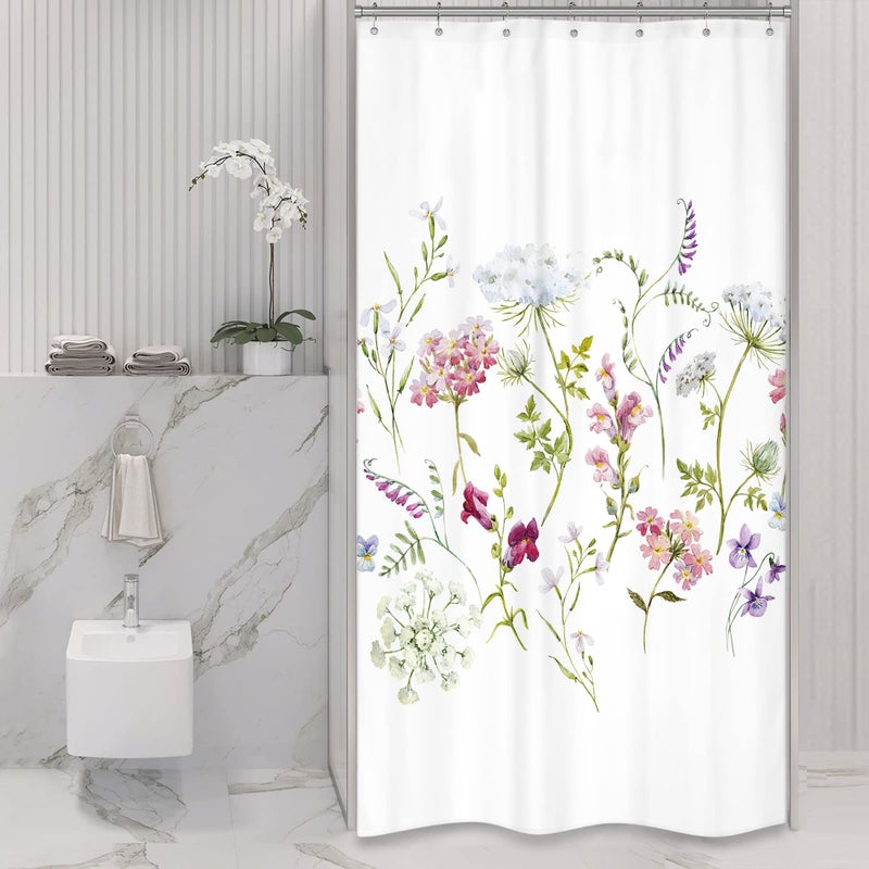 Riyidecor Small Stall Floral Wildflowers Plants Shower Curtain for Bathroom Decor 36Wx72H Botanical Watercolor Herbs Pansies Retro Fabric Bathroom Polyester Waterproof Plastic Hooks 12 Pack RYOISL