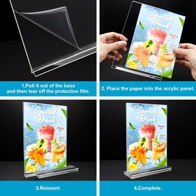 DunGu Acrylic Sign Holder 5x7, 10 Pack Clear Double Sided Table Menu Vertical Display Stand Desktop Display Stand Paper Holder Table Sign Suitable for Restaurants Office Store Show Fair - Image 5