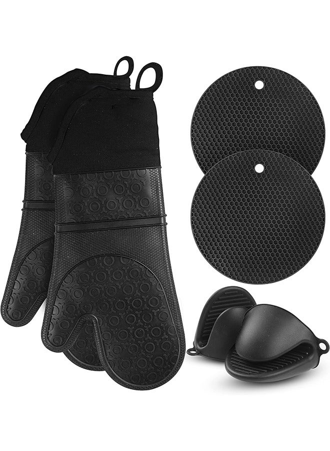 MIXDE 6PCS Oven Mitts and Pot Holders Sets, Silicone Baking Gloves Heat Resistant Inner Soft Liner, Mini Oven Mittens and Hot Pads, Oven Gloves for Cooking, Grill and Bbq (Black)  - Image 1