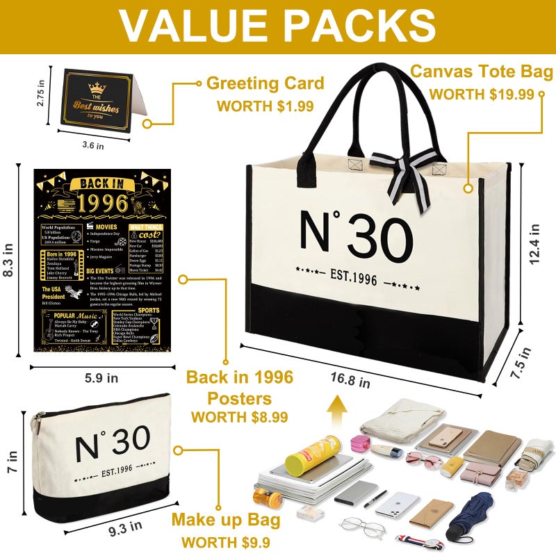 YeohJoy 30th Birthday Gifts for Women Reusable Grocery Bag, Unique 30 Years Old Birthday Gifts for Aunt Mom Wife Friends Sister Her, EST.1996 Bag & Makeup Bag & Back in 1996 Poster - Image 5