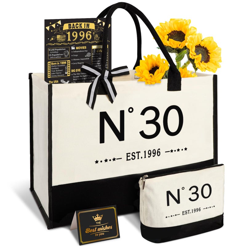 YeohJoy 30th Birthday Gifts for Women Reusable Grocery Bag, Unique 30 Years Old Birthday Gifts for Aunt Mom Wife Friends Sister Her, EST.1996 Bag & Makeup Bag & Back in 1996 Poster - Image 1