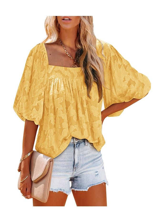 Loquat Fashion New Women's Pattern Bubble Sleeve Chiffon Loose Shirt 