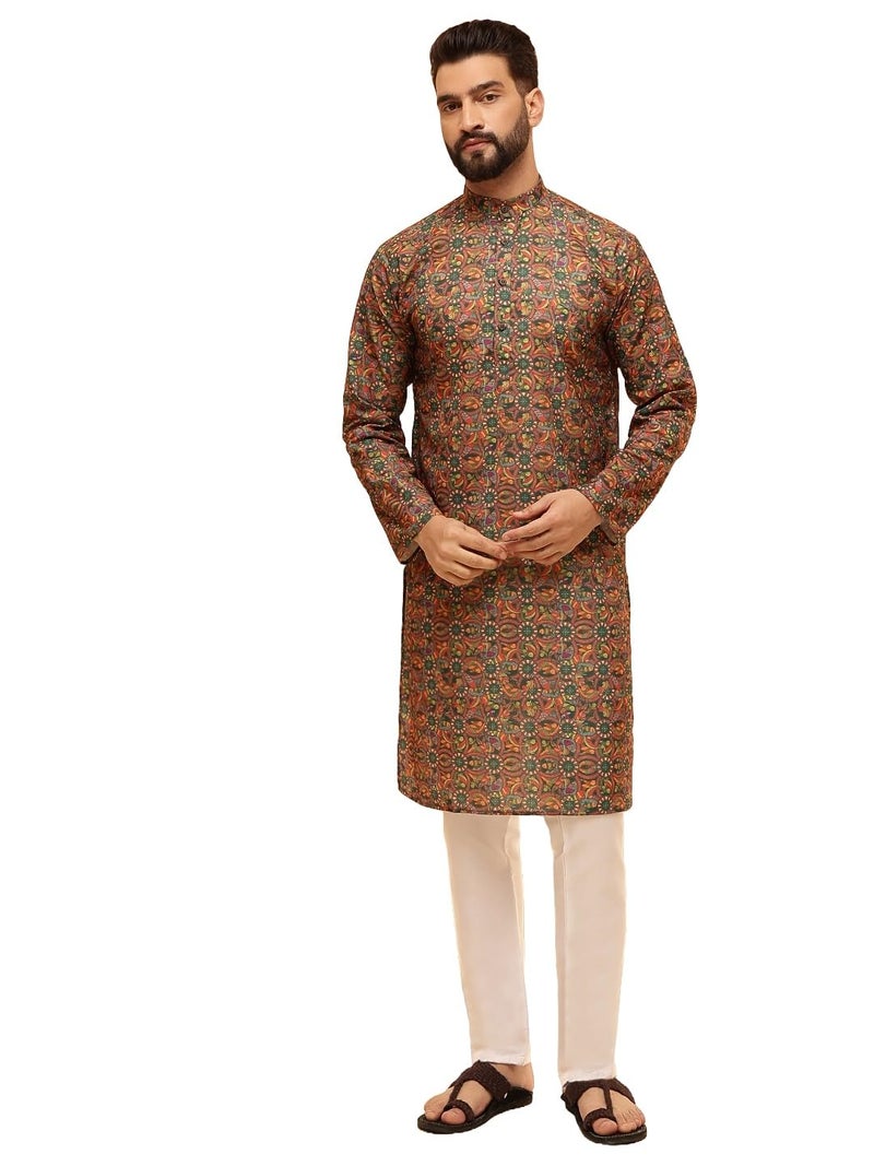 Sojanya Since 1958 MenS Cotton Linen Kalamkari Printed Multi Green Kurta With White Pyjama