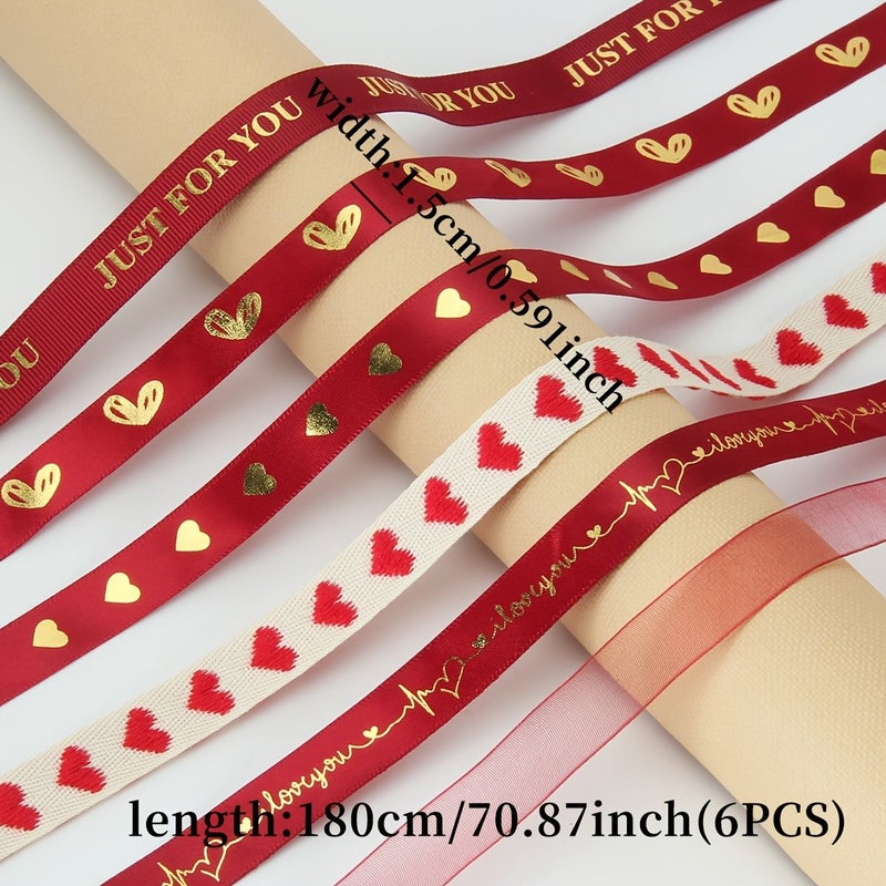 6 Pcs Heart Shaped Wine Red Ribbons With Love Letters For Gift Wrapping Party Decorations Weddings Mothers Day Birthday Flower Baking Packaging Crafts Sewing - Image 2