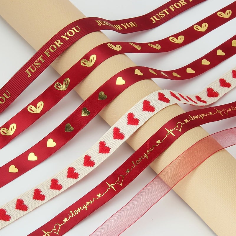 6 Pcs Heart Shaped Wine Red Ribbons With Love Letters For Gift Wrapping Party Decorations Weddings Mothers Day Birthday Flower Baking Packaging Crafts Sewing - Image 1
