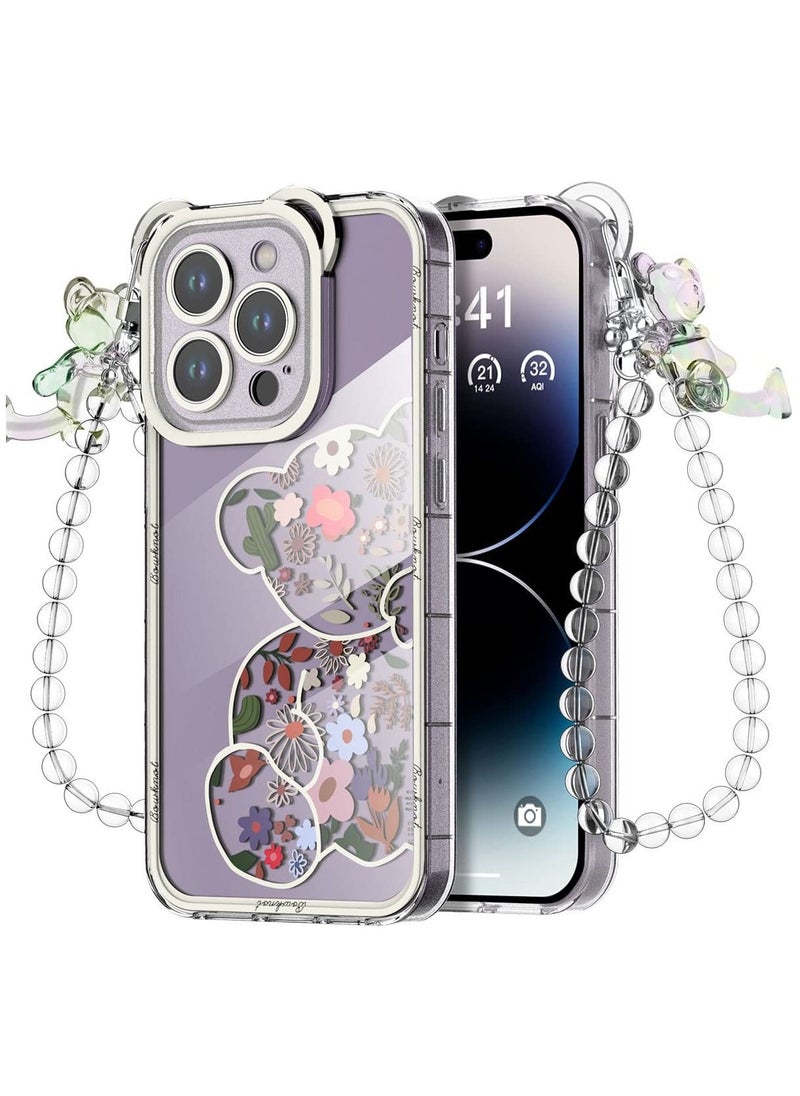 SYOSI - Compatible with iPhone 14 Pro Case, Cute Flowers Bear Camera Protector Clear Case Cover with Lovely Strap Bracelet Chain Girls Women Case for iPhone 14 ProIPHONE 14 PRO CASE: Bear Floral Series iPhone - Image 1
