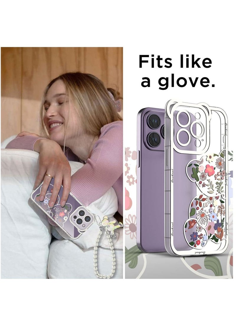 SYOSI - Compatible with iPhone 14 Pro Case, Cute Flowers Bear Camera Protector Clear Case Cover with Lovely Strap Bracelet Chain Girls Women Case for iPhone 14 ProIPHONE 14 PRO CASE: Bear Floral Series iPhone - Image 1