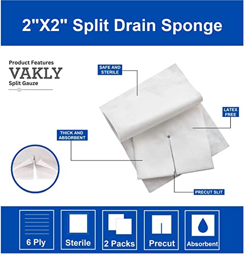 Vakly Split Drain Sponge Gauze 2x2 Sterile 6 Ply Pads [Pack of 70] Absorbent Precut 2"X2" Non-Woven Slit Bandage for I.V. Tracheostomy - 35 Packs of 2 Pre Cut Bandages + 1 Roll of Medical Tape - Image 2