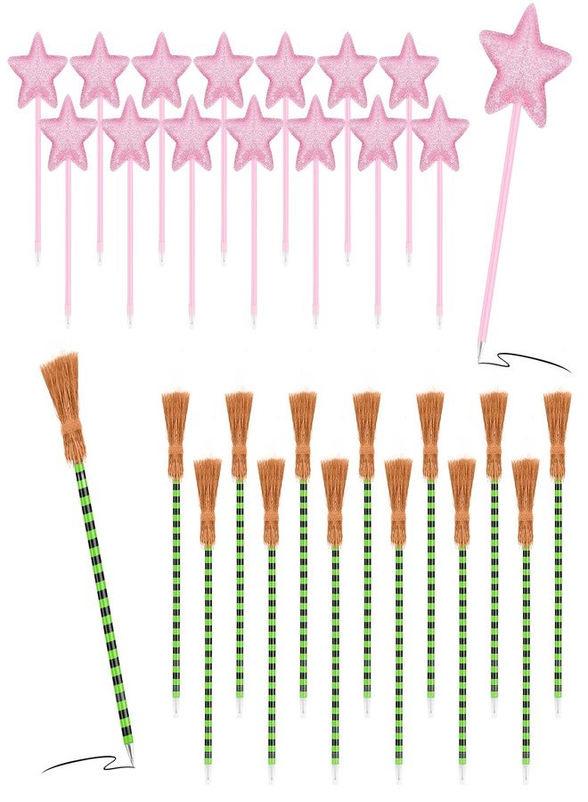 PLUVAVA 30 Pieces Princess and Witch Party Favors Including 15 PCS Witch Broom Pens 15 PCS Pink Star Ballpoints Pink and Green Party Favors for Wicked Halloween Decorations Gifts - Image 1