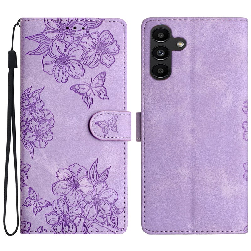 BURAQ Case Cover For Samsung Galaxy A13 5G Cherry Blossom Butterfly Skin Feel Embossed PU Phone Case(Purple) - Image 1