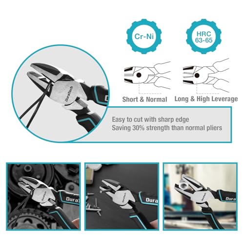 DURATECH 8-Piece Pliers Set with Rolling Pouch, Premium Cr-V/Cr-Ni Construction, (12", 10", 8" Groove Joint Pliers, 8" Adjustable Wrench, 8" Linesman, 6" Long Needle Nose, 6" Slip Joint, 6" Diagonal) - Image 4