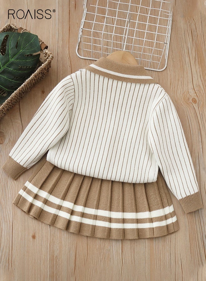roaiss 2PCS Girl Clothes Set, Stylish Knitted Suit with Striped Cardigan and Pleated Skirt, Button Down Sweater with Bow Tie and Elastic Waist Skirt for Girls, Suitable for Daily Wear and Outdoor Activities - Image 2