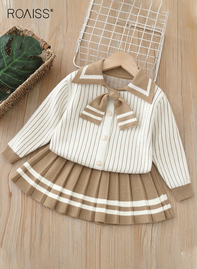 roaiss 2PCS Girl Clothes Set, Stylish Knitted Suit with Striped Cardigan and Pleated Skirt, Button Down Sweater with Bow Tie and Elastic Waist Skirt for Girls, Suitable for Daily Wear and Outdoor Activities - Image 1