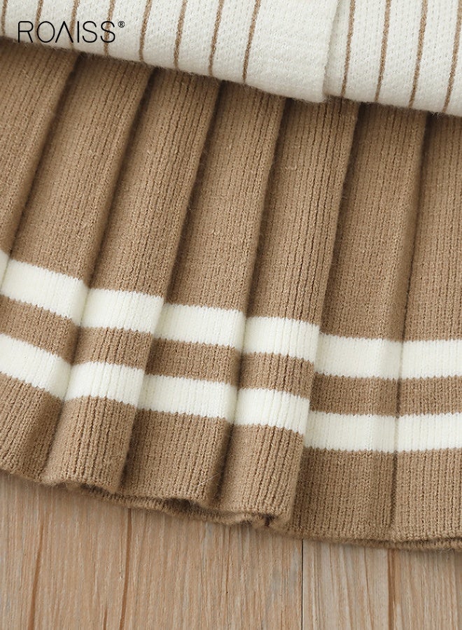 roaiss 2PCS Girl Clothes Set, Stylish Knitted Suit with Striped Cardigan and Pleated Skirt, Button Down Sweater with Bow Tie and Elastic Waist Skirt for Girls, Suitable for Daily Wear and Outdoor Activities - Image 4