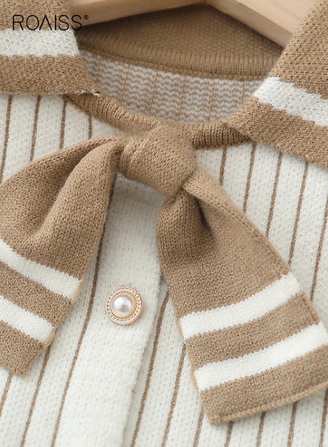 roaiss 2PCS Girl Clothes Set, Stylish Knitted Suit with Striped Cardigan and Pleated Skirt, Button Down Sweater with Bow Tie and Elastic Waist Skirt for Girls, Suitable for Daily Wear and Outdoor Activities - Image 3