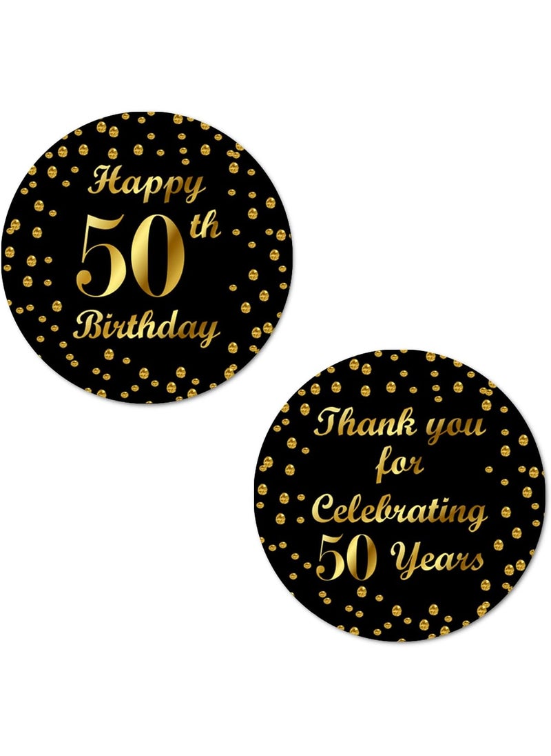 RokAPary 50th Birthday Round 2 Inch Big Glossy Stickers Thank You for Celebrating 50 Years Black and Gold Labels Great for Party Favors Decorations Tags Gift Bags and Supplies Made in USA  - Image 1