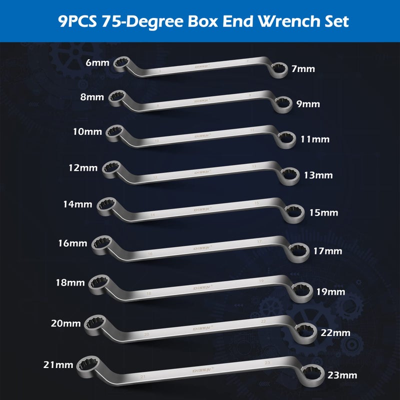 DISEN 9pcs Offset Wrench Set Metric 6-23mm, Box Wrench Set 75-Degree, CR-V Steel, Organized in Rolling Pouch - Image 2