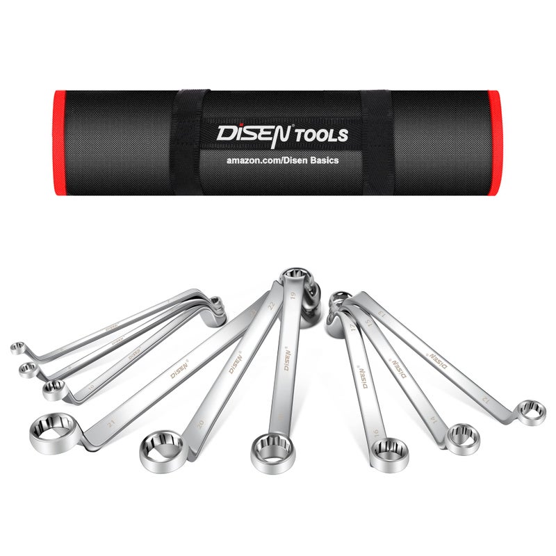 DISEN 9pcs Offset Wrench Set Metric 6-23mm, Box Wrench Set 75-Degree, CR-V Steel, Organized in Rolling Pouch - Image 1