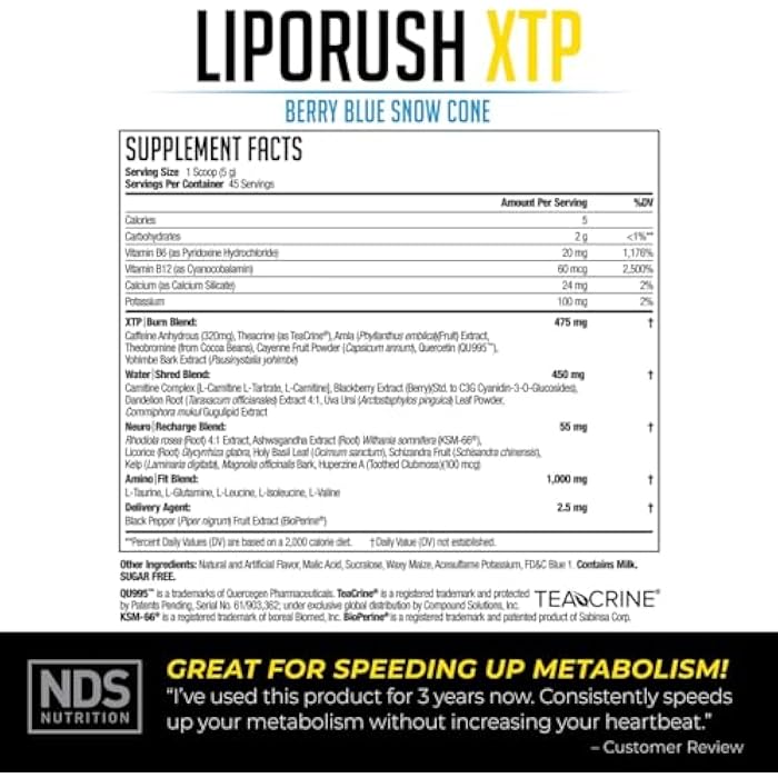 LIPORUSH NDS Nutrition XTP Thermogenic Fat Burner with L-Carnitine - Energy, Focus, and Appetite Control - Extreme Thermogenic Fat Burning Powder Weight Loss - Blue Berry Snow Cone (45 Servings) - Image 2